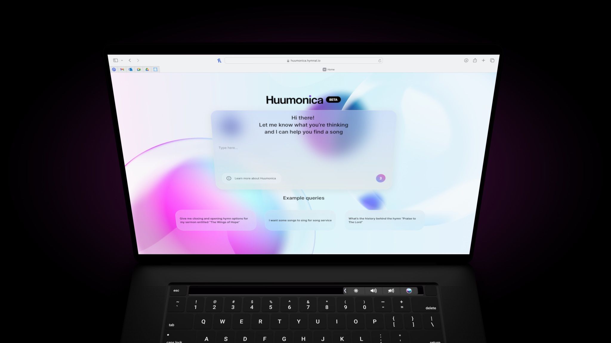 macbook mockup of huumonica web app